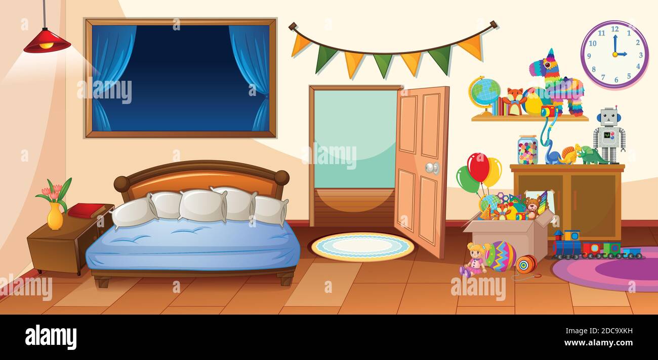 Dormitorio para niños con muchos juguetes ilustración de la Imagen Vector de -