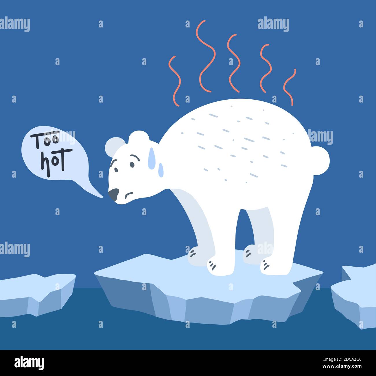 Calentamiento global. Dibujo de fideos de dibujos animados de un oso triste  sobre hielo derretido con burbuja de habla. Demasiado caliente. Problema  mundial con la llamada a la acción. La amenaza de