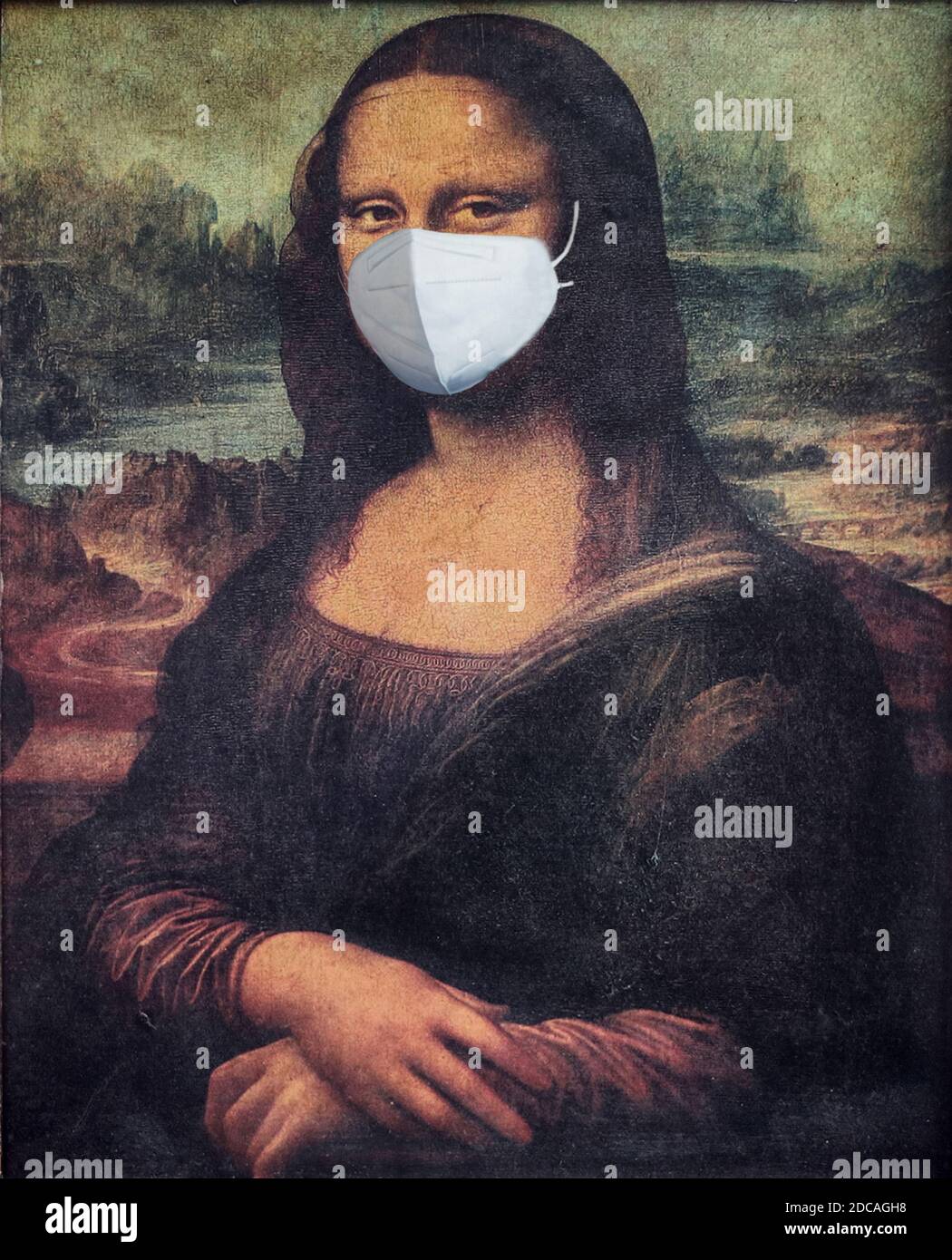 Mona Lisa con máscara de protección contra el virus de la corona. La imagen es una copia de la famosa obra maestra de da Vinci de mi propiedad por un autor desconocido Foto de stock