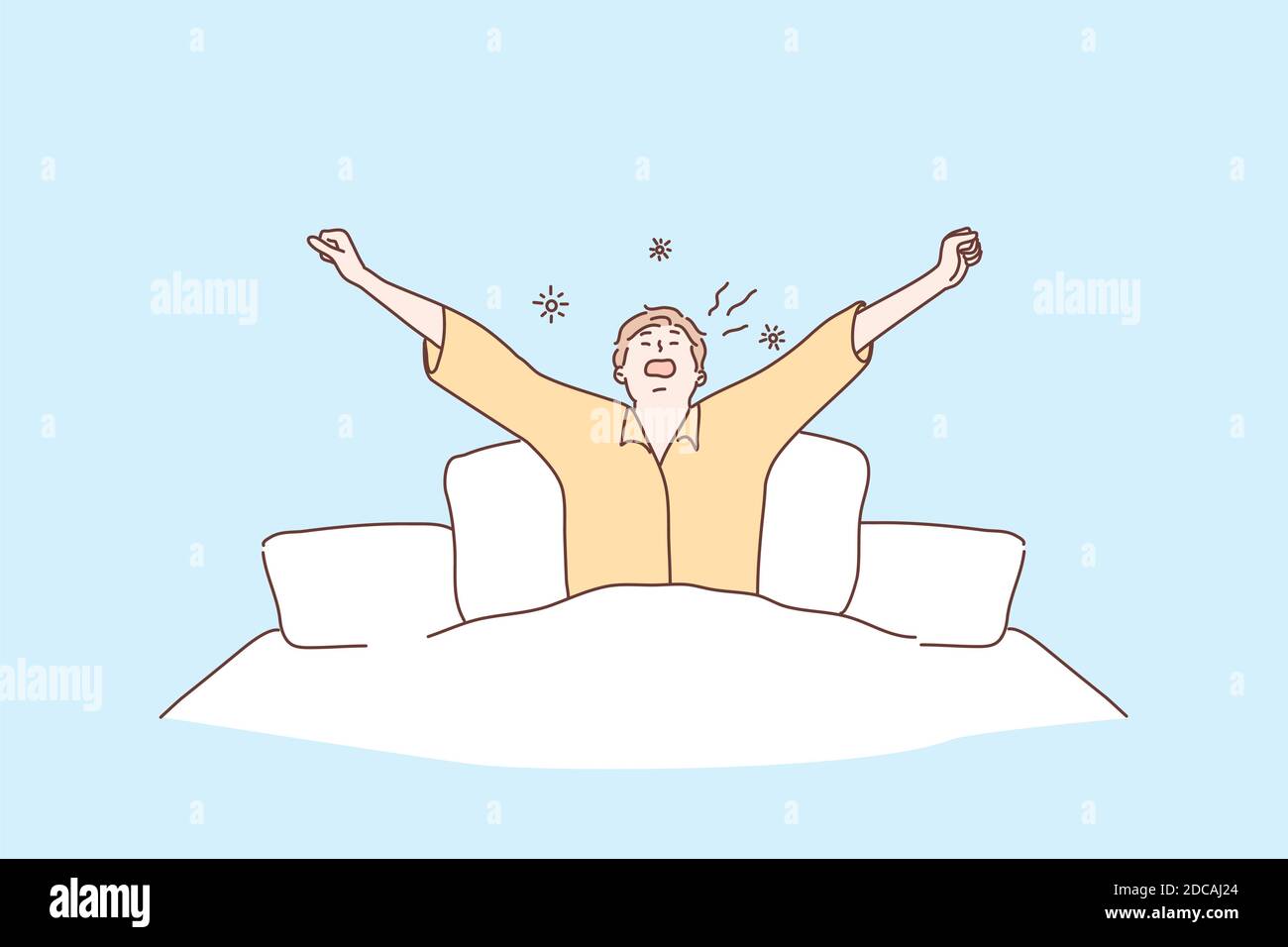 Mañana, salud, cuidado, despertar, concepto de relajación. Joven hombre o  individuo personaje de dibujos animados despertando por la mañana en la  cama de casa después de un largo sueño profundo. Nuevo día