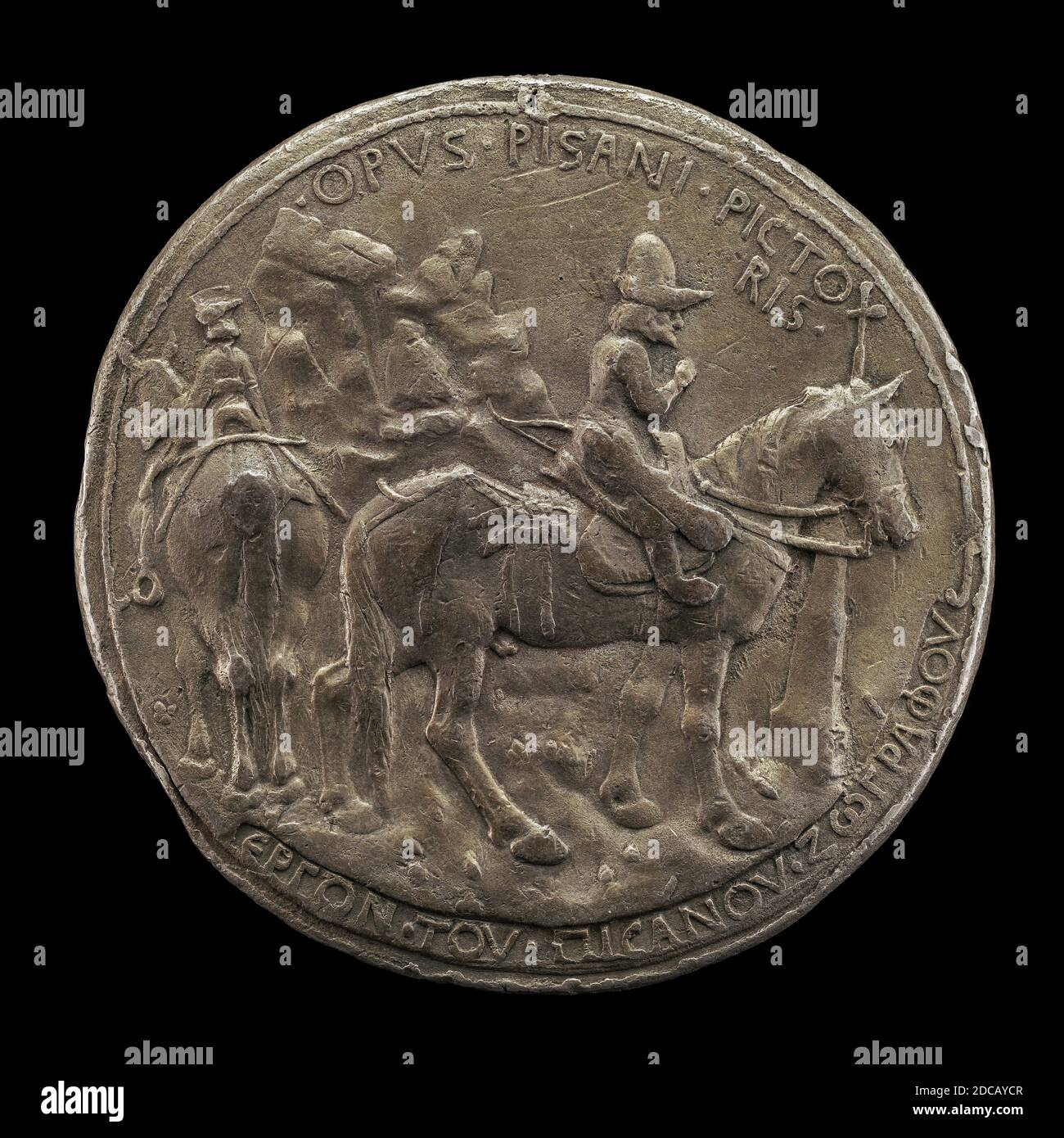 Pisanello, (artista), Veronés, c. 1395 - 1455, Juan VIII cabalgando en un paisaje rocoso, 1438, plomo/yeso de prueba, posiblemente, total (diámetro): 10.38 cm (4 1/16 pulg.), peso bruto: 421.59 gr (0.929 lb.), eje: 11:00 Foto de stock