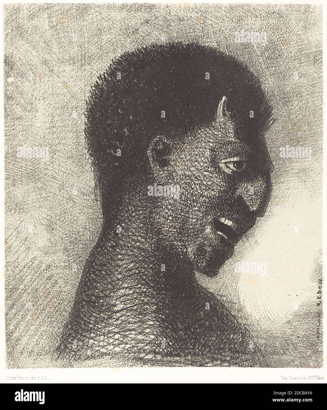Odilon Redon, (artista), francés, 1840 - 1916, le Satire au cynique sourire (el Satire con la sonrisa cínica), Les Origines, (serie), 1883, litografía Foto de stock