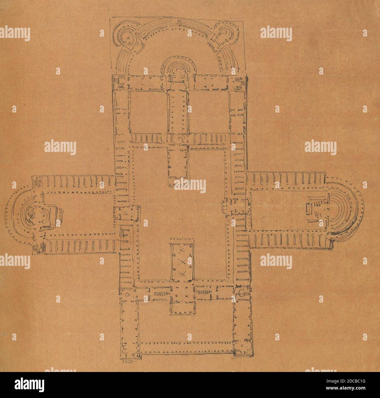 Página de un álbum de recortes que contiene dibujos y varios grabados de Arquitectura, Interiores, Muebles y otros objetos, ca. 1800-1850. Foto de stock