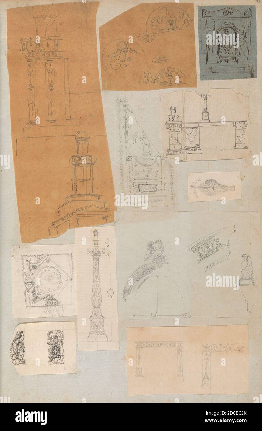 Página de un álbum de recortes que contiene dibujos y varios grabados de Arquitectura, Interiores, Muebles y otros objetos, ca. 1800-1850. Foto de stock