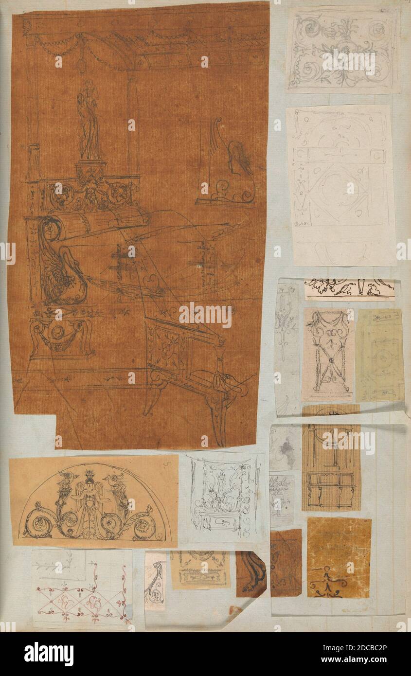 Página de un álbum de recortes que contiene dibujos y varios grabados de Arquitectura, Interiores, Muebles y otros objetos, ca. 1800-1850. Foto de stock