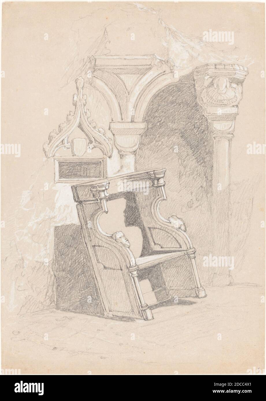 John Sell Cotman, (artista), británico, 1782 - 1842, esbozo del interior de la iglesia en ruinas con silla, grafito aumentado con papel blanco sobre gris, total: 33.2 x 23.5 cm (13 1/16 x 9 1/4 pulg Foto de stock