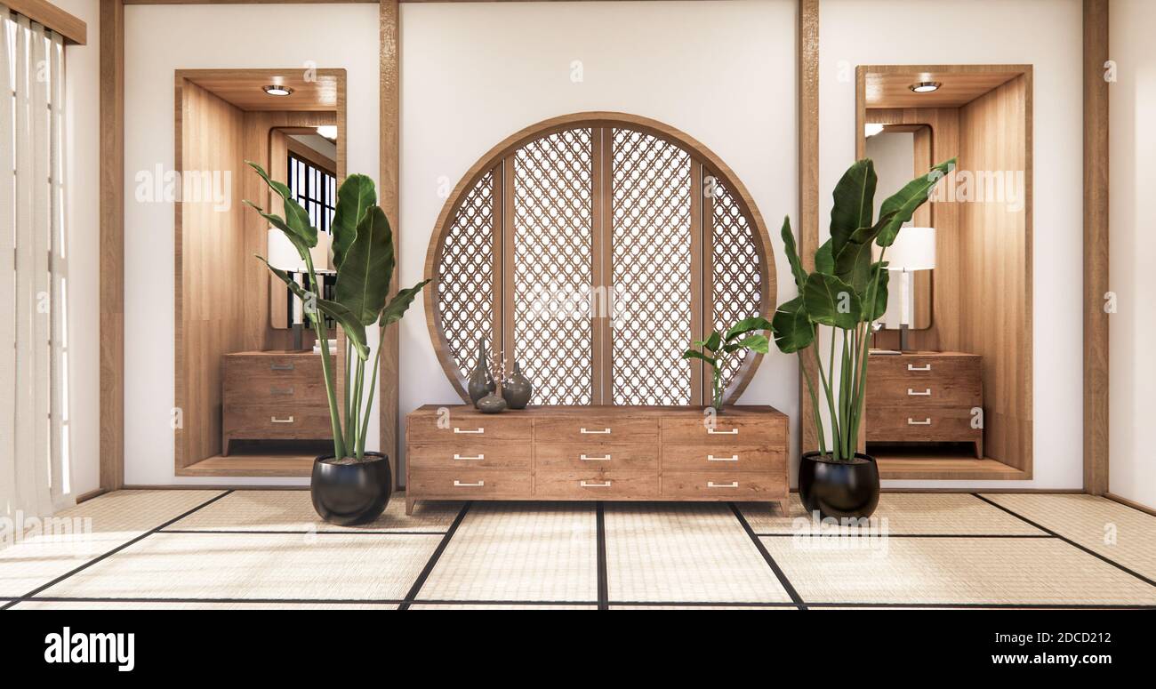 Sala de yoga vacía interior con suelo de tatami. representación 3d