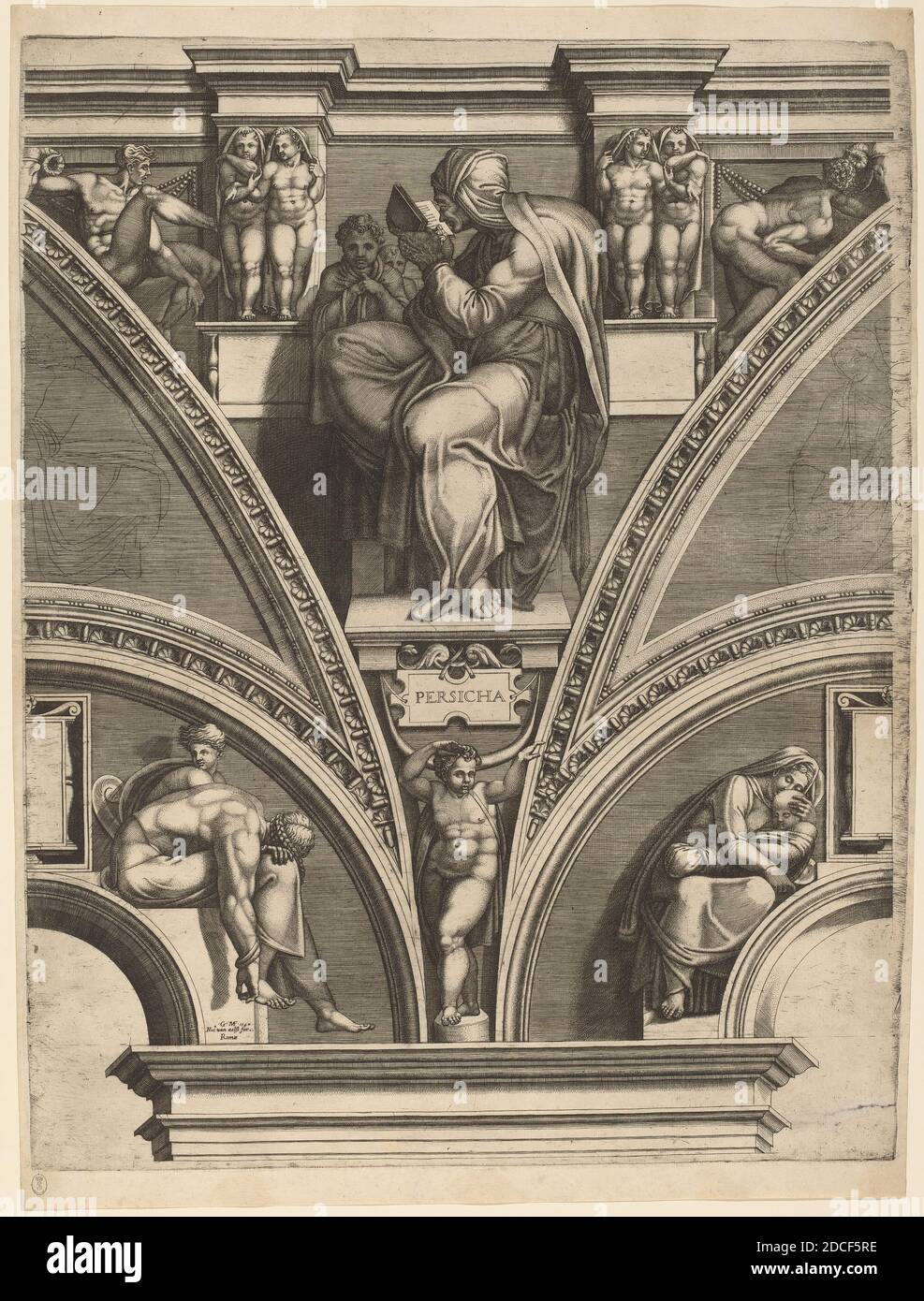 Giorgio Ghisi, (artista), italiano, 1520 - 1582, Miguel Ángel, (artista después), florentino, 1475 - 1564, el Sibilo Persa, Profetas y Sibilos, (serie), principios de 1570, grabado en papel, placa: 56 x 41.6 cm (22 1/16 x 16 3/8 pulg.), hoja: 60.2 x 44.1 cm (23 11/16 x 17 3/8 pulg Foto de stock
