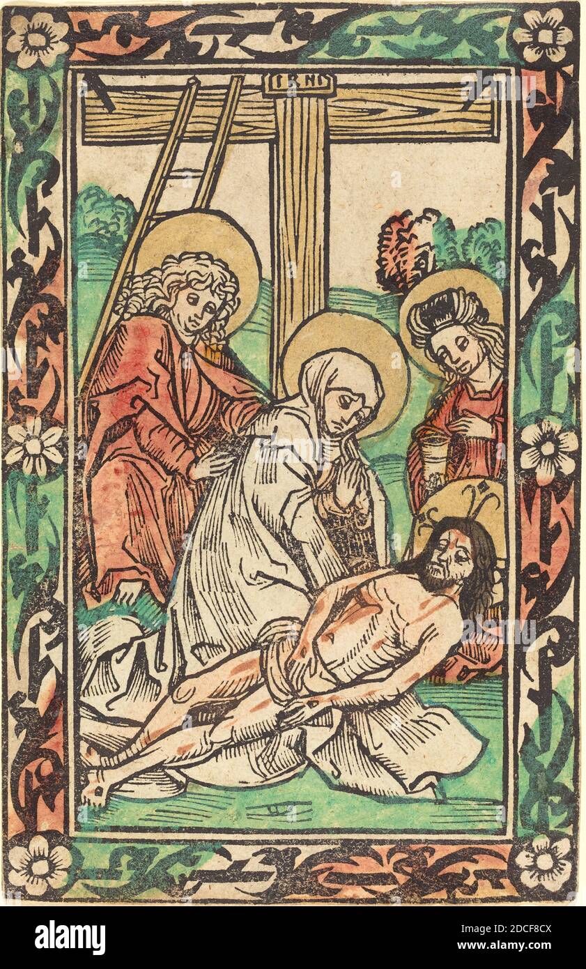 Alemán siglo 15, (artista), la Lamentación, c. 1480/1500, madera cortada, coloreada a mano en rojo, verde y amarillo Foto de stock