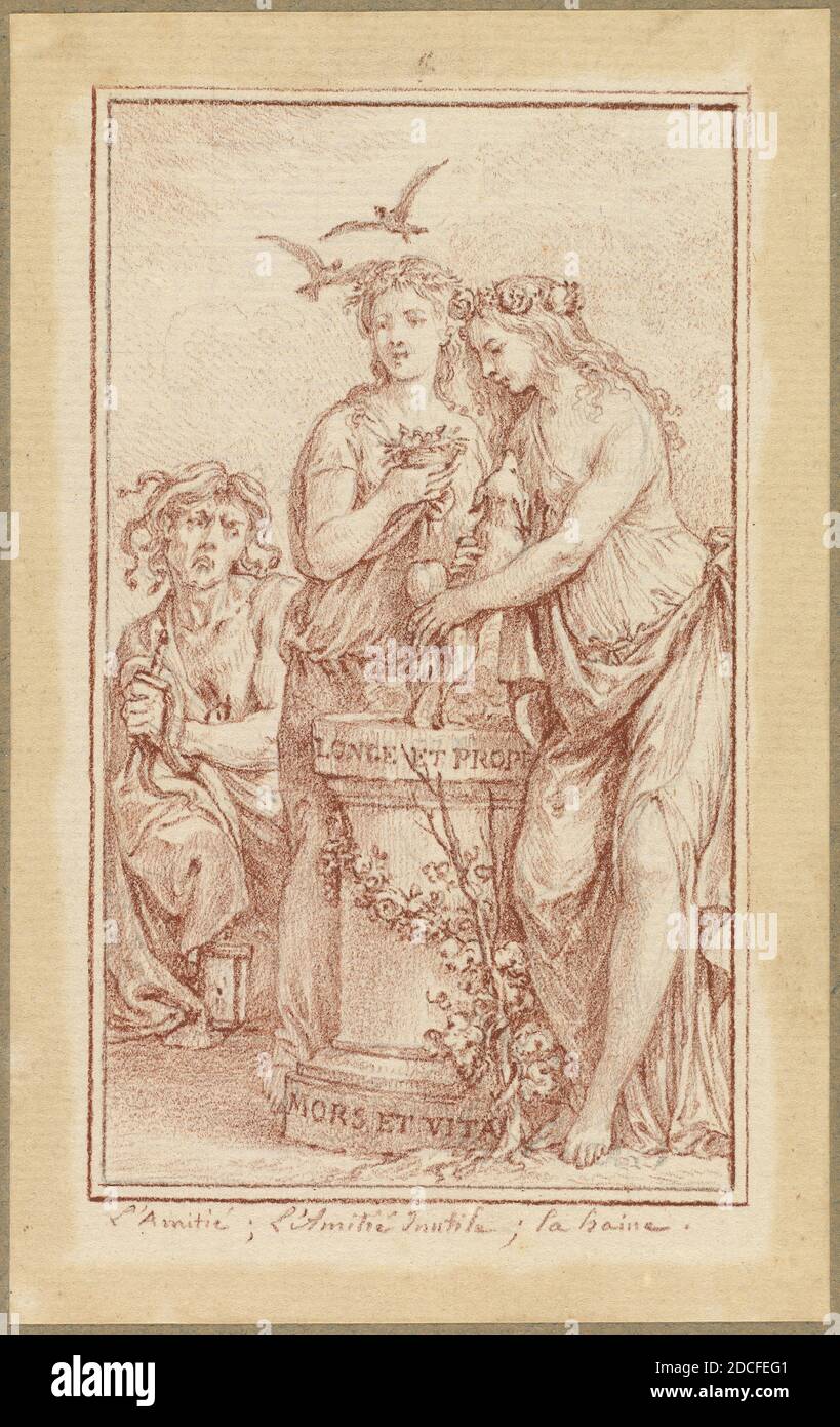 Charles-Nicolas Cochin II, (artista), francés, 1715 - 1790, Amistad, Amistad inútil, y Hate, L'Almanach iconologique, (serie), 1774/1775, tiza roja con toques de tiza negra sobre papel colocado, con líneas fronterizas dibujadas por el artista, en general (, hoja): 12.7 x 7.9 cm (5 x 3 1/8 pulg.), imagen (hasta la línea del borde): 10.7 x 6.4 cm (4 3/16 x 2 1/2 pulg Foto de stock