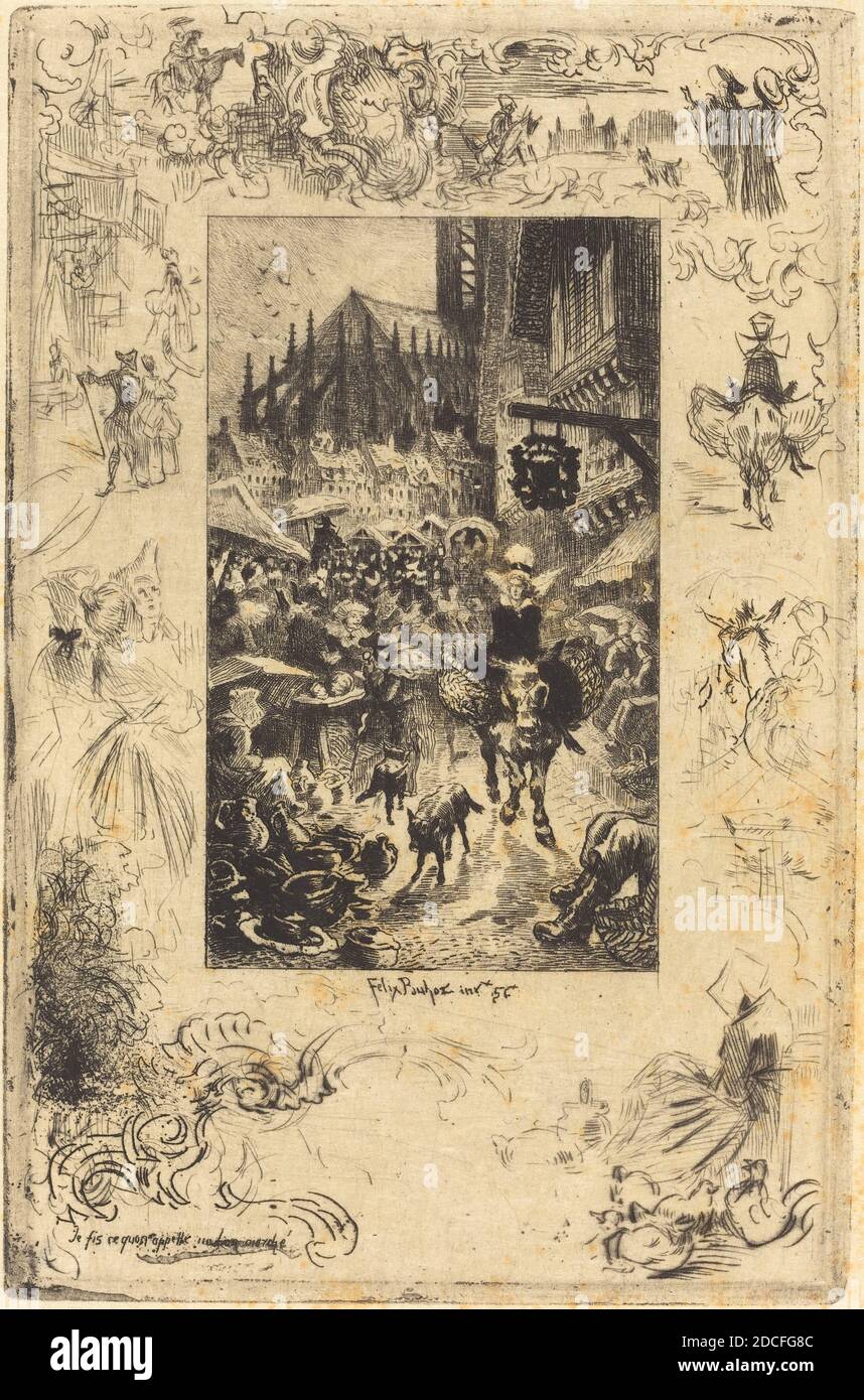 Félix-Hilaire Buhot, (artista), francés, 1847 - 1898, Je fis CE qu'on appelle un bon marché (hice lo que yo llamaría una buena ganga), Barbey d'Aurevilly 'le Chevalier Destouches', (serie), 1878, grabado, punto seco, Y grabado en tierra blanda (para la textura granulada en el margen inferior izquierdo) en negro sobre papel japonés, placa: 17.6 x 11.5 cm (6 15/16 x 4 1/2 in.), hoja: 22.5 x 14.5 cm (8 7/8 x 5 11/16 in Foto de stock