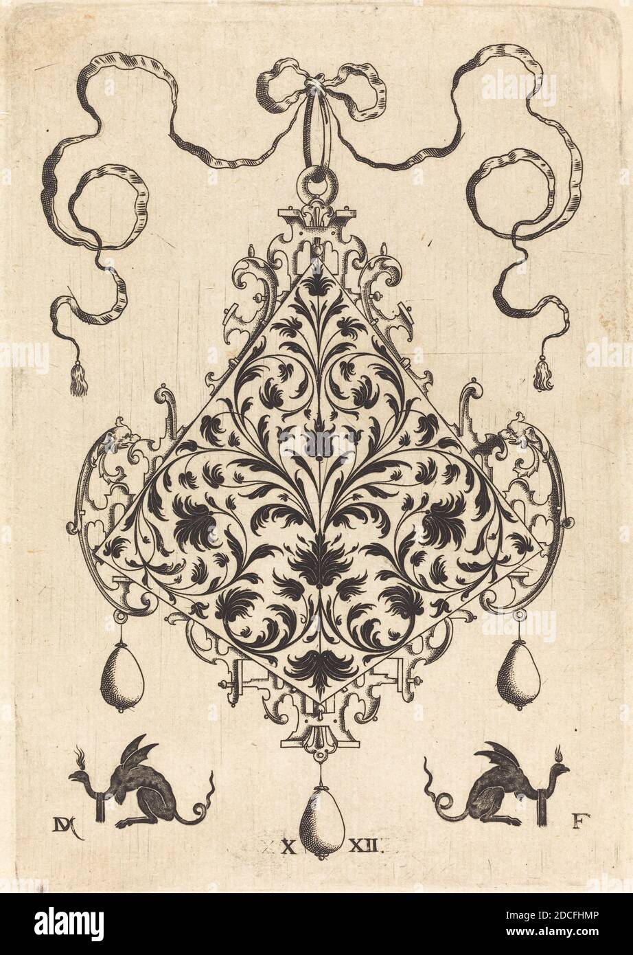 Daniel Mignot, (artista), alemán, activo Colgante Grande, Diseño de follaje ornamental, Colgantes grandes con grutas de Silhoeutted, (serie), 1596, grabado Fotografía stock - Alamy