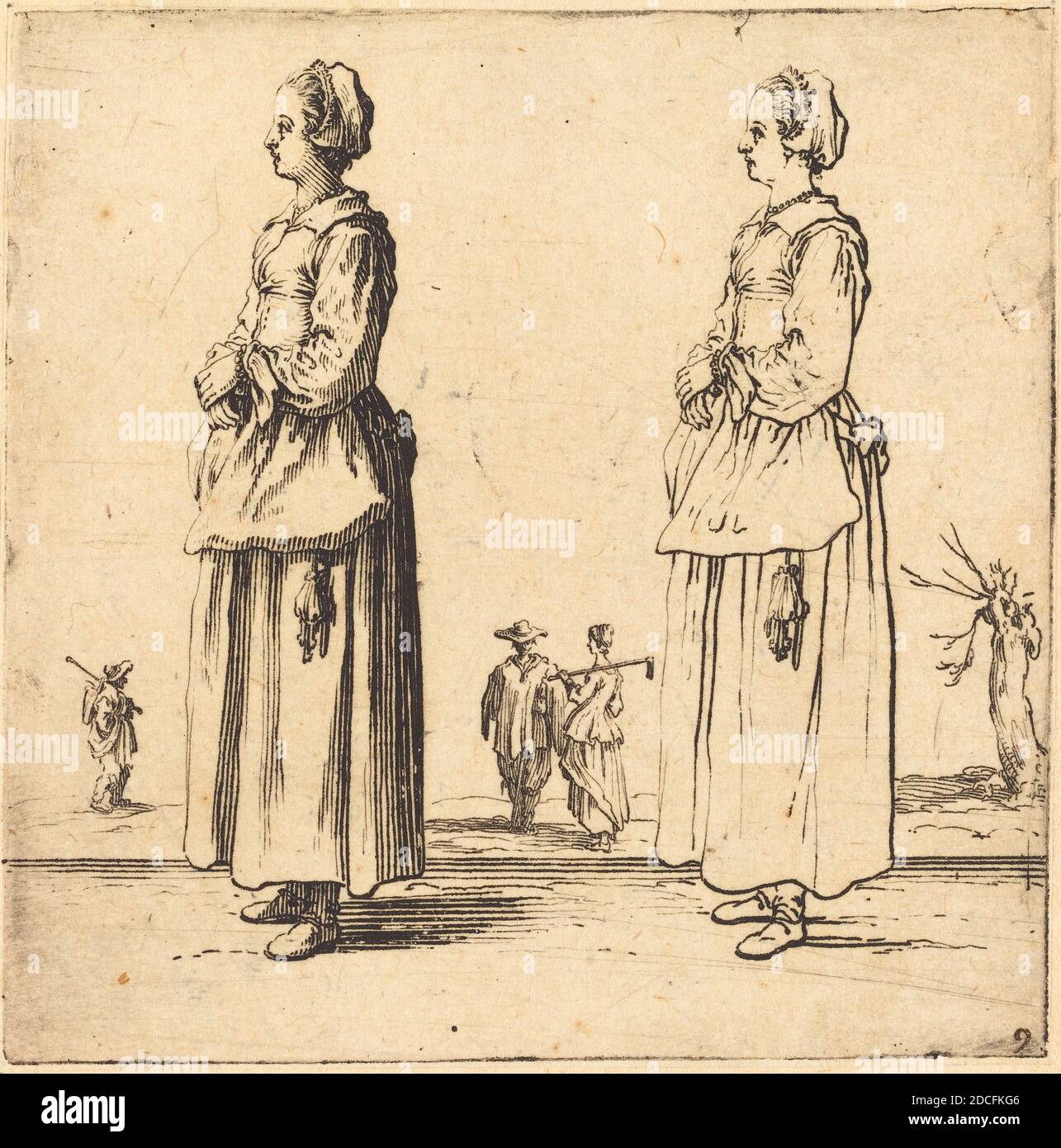 Jacques Callot, (artista), francés, 1592 - 1635, Mujer campesina, en Perfil, mirando a la izquierda, varias figuras, (serie), 1617 y 1621, grabado Foto de stock