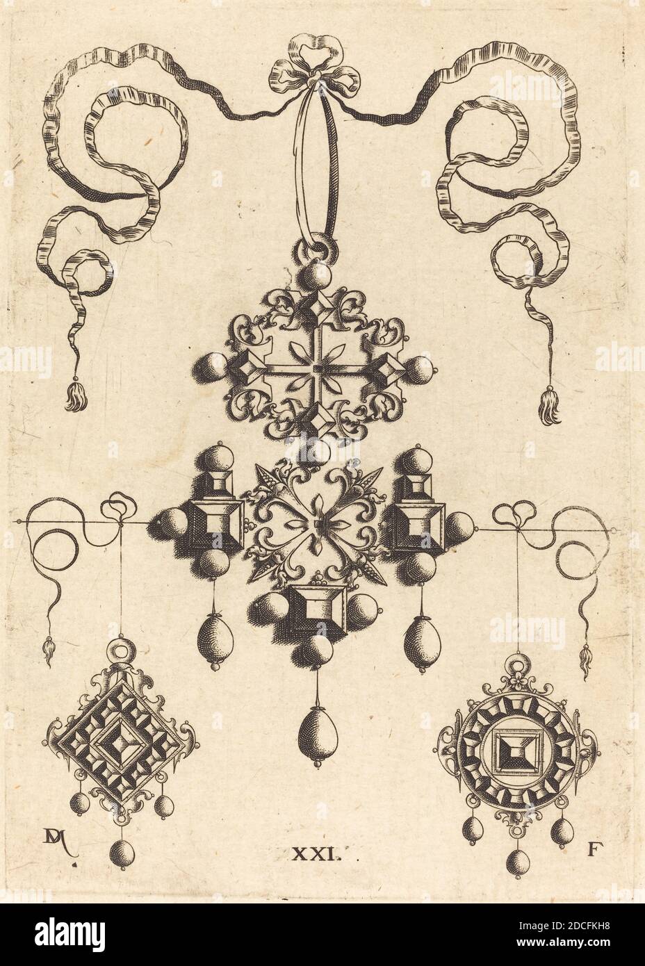 Daniel Mignot, (artista), alemán, activo 1593/1596, Colgante con rueda en el centro, rodeado por cuatro Stones de Mesa, Colgantes en forma de ruedas, estrellas, y cruces, (serie), grabado Fotografía de - Alamy