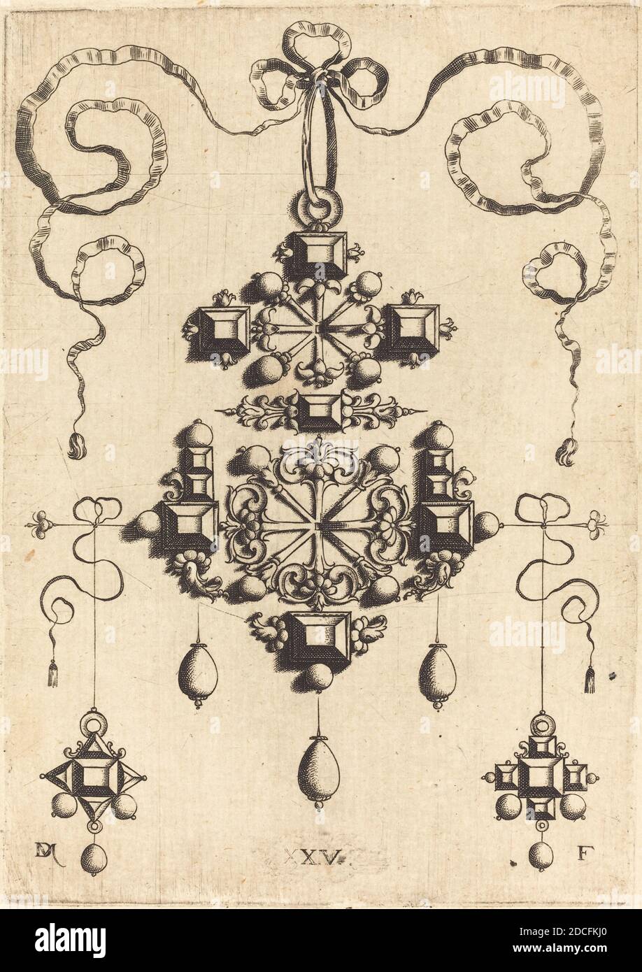Daniel Mignot, (artista), alemán, activo 1593/1596, Colgante con dos cruces  dobles, rodeado por cuatro Piedras en forma de Diamante, cinco Piedras de  Mesa, y trece Perlas, Colgantes en forma de ruedas, estrellas,