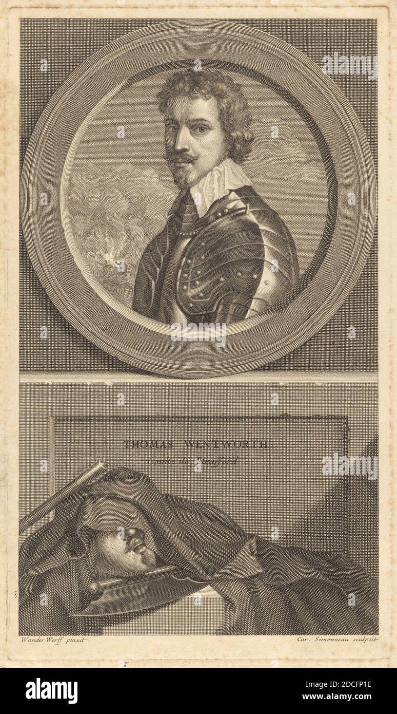 Charles Simonneau, (artista), francés, 1645 - 1728, Sir Anthony van Dyck, (artista después), flamenco, 1599 - 1641, Adriaen van der Werff, (artista después), holandés, 1659 - 1722, Thomas Wentworth, Comte de Strafford, publicado 1697, grabado sobre papel, placa: 31.5 × 18.5 cm (12 3/8 × 7 5/16 pulg.), hoja: 32.9 × 19.5 cm (12 15/16 × 7 11/16 pulg Foto de stock