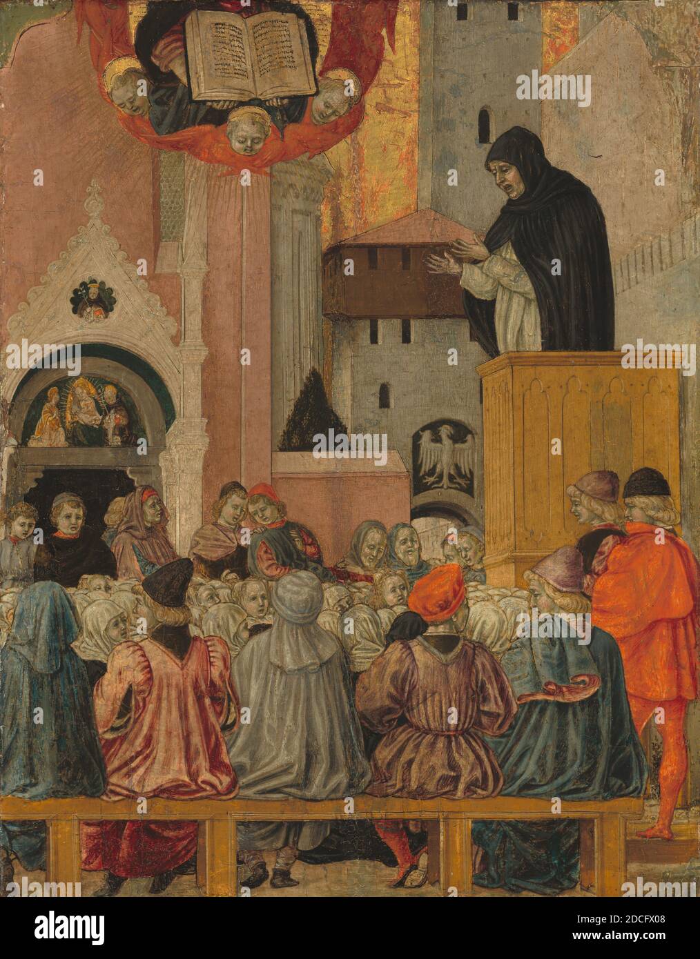 Agnolo degli Erri, (pintor), Emilian, activo 1440 - 1497, un Preaching dominicano, c. 1470, temperatura sobre panel de álamo, total: 43 x 34 cm (16 15/16 x 13 3/8 in.), enmarcado: 65.1 x 55.6 x 7.6 cm (25 5/8 x 21 7/8 x 3 in Foto de stock