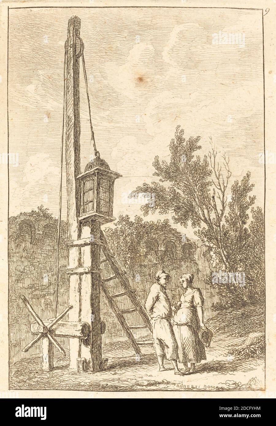 Hubert Robert, (artista), francés, 1733 - 1808, The Post, Les Soirees de Roma (tardes en Roma):pl.9, (serie), grabado Foto de stock