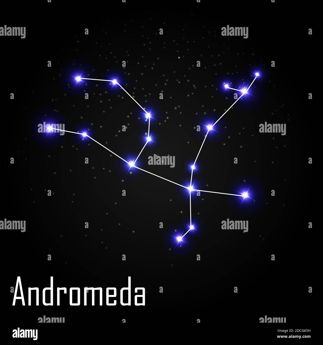 Andromeda Constelación con hermosas estrellas brillantes en el fondo de Cielo Cósmico Ilustración Foto de stock