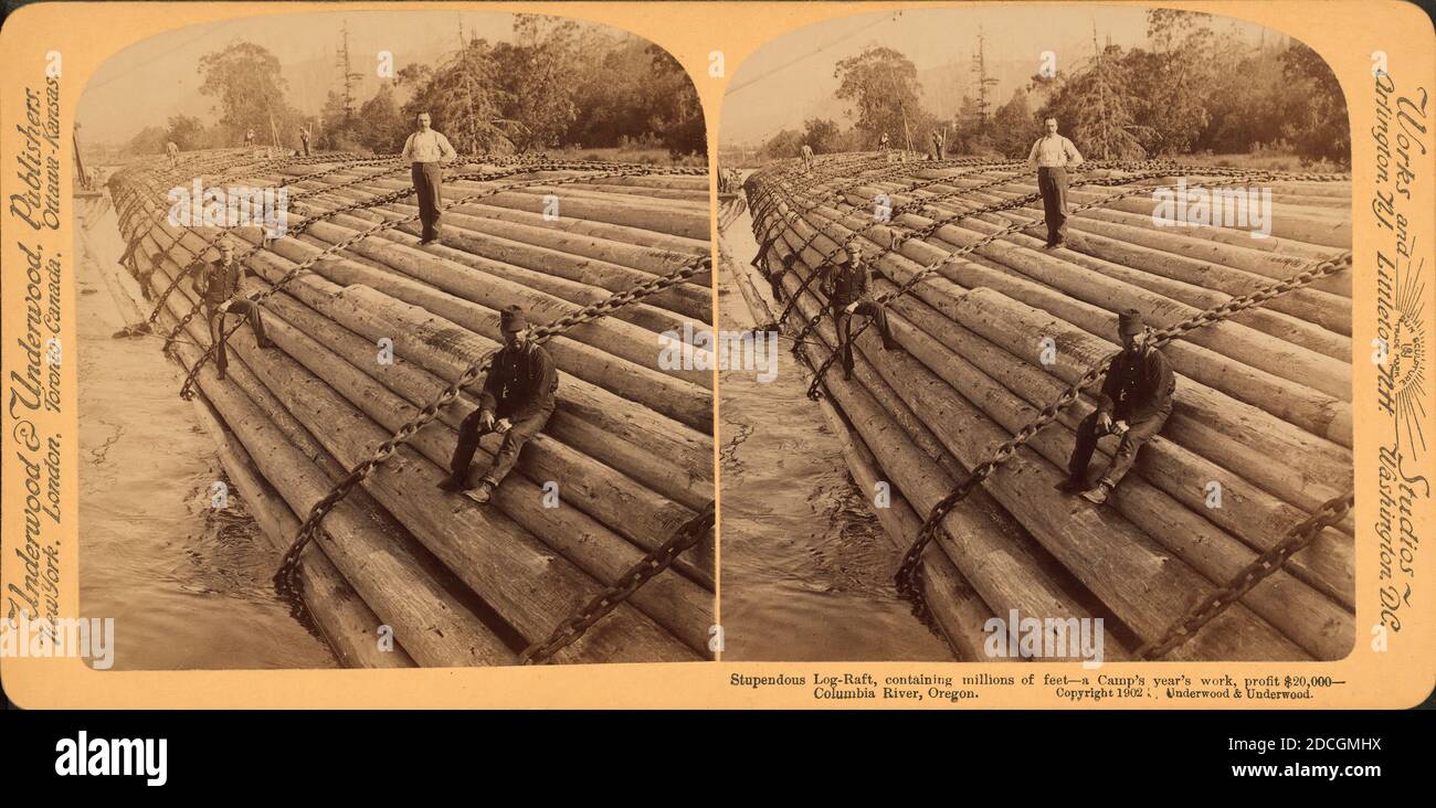 Estupenda balsa de madera, que contiene millones de pies. Columbia River, Oregon., 1902, Oregon Foto de stock