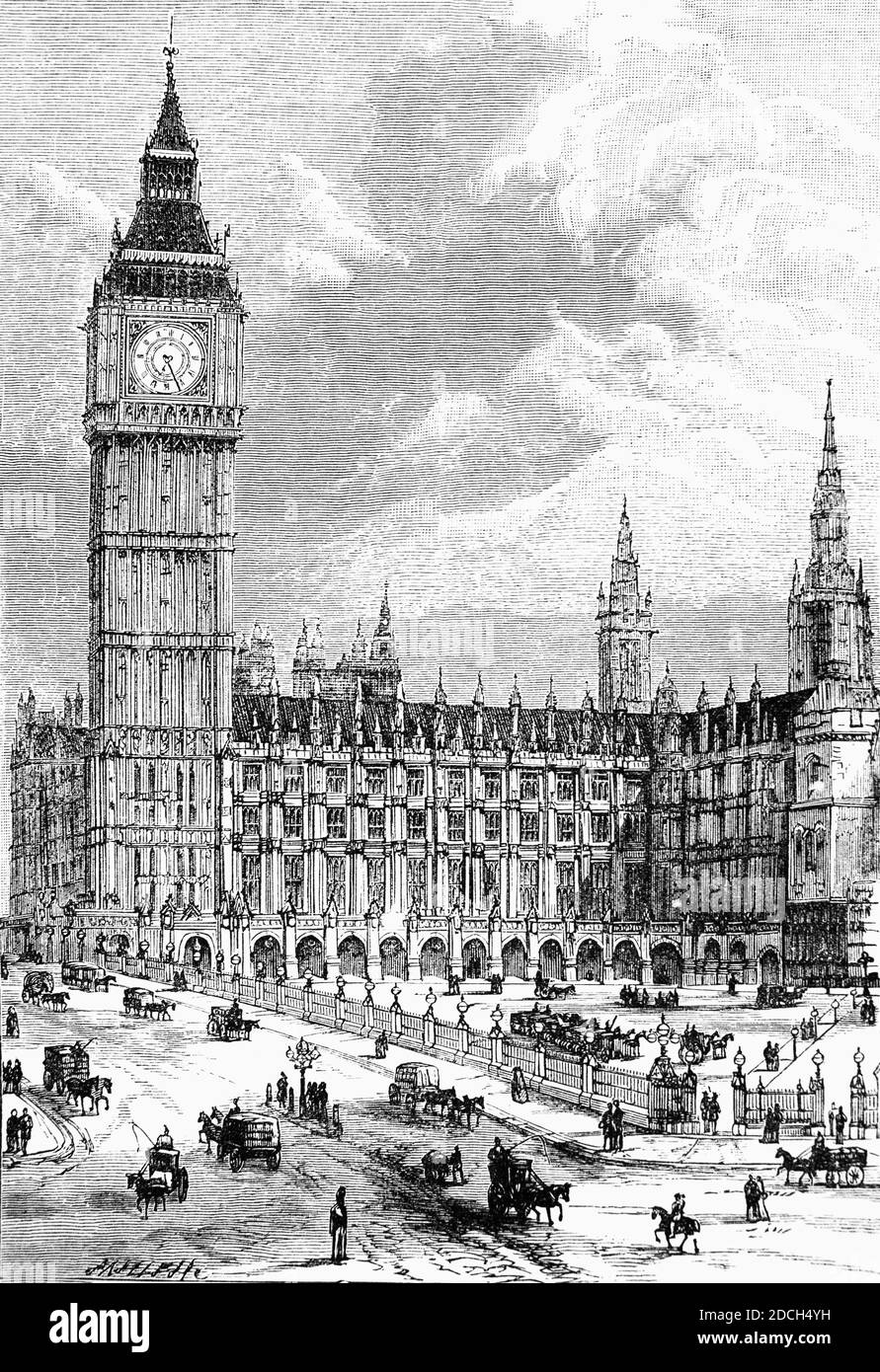 Una vista del siglo XIX del Big Ben, un apodo frecuentemente extendido para referirse tanto al reloj como a la torre del reloj, y el Palacio de Westminster, lugar de encuentro tanto para la Cámara de los comunes como para la Cámara de los Lores, las dos casas del Parlamento del Reino Unido. El complejo se encuentra en la orilla norte del río Támesis en la ciudad de Westminster, en el centro de Londres, Inglaterra fue diseñado por Augustus Pugin en un estilo neogótico y terminado en 1859. Foto de stock
