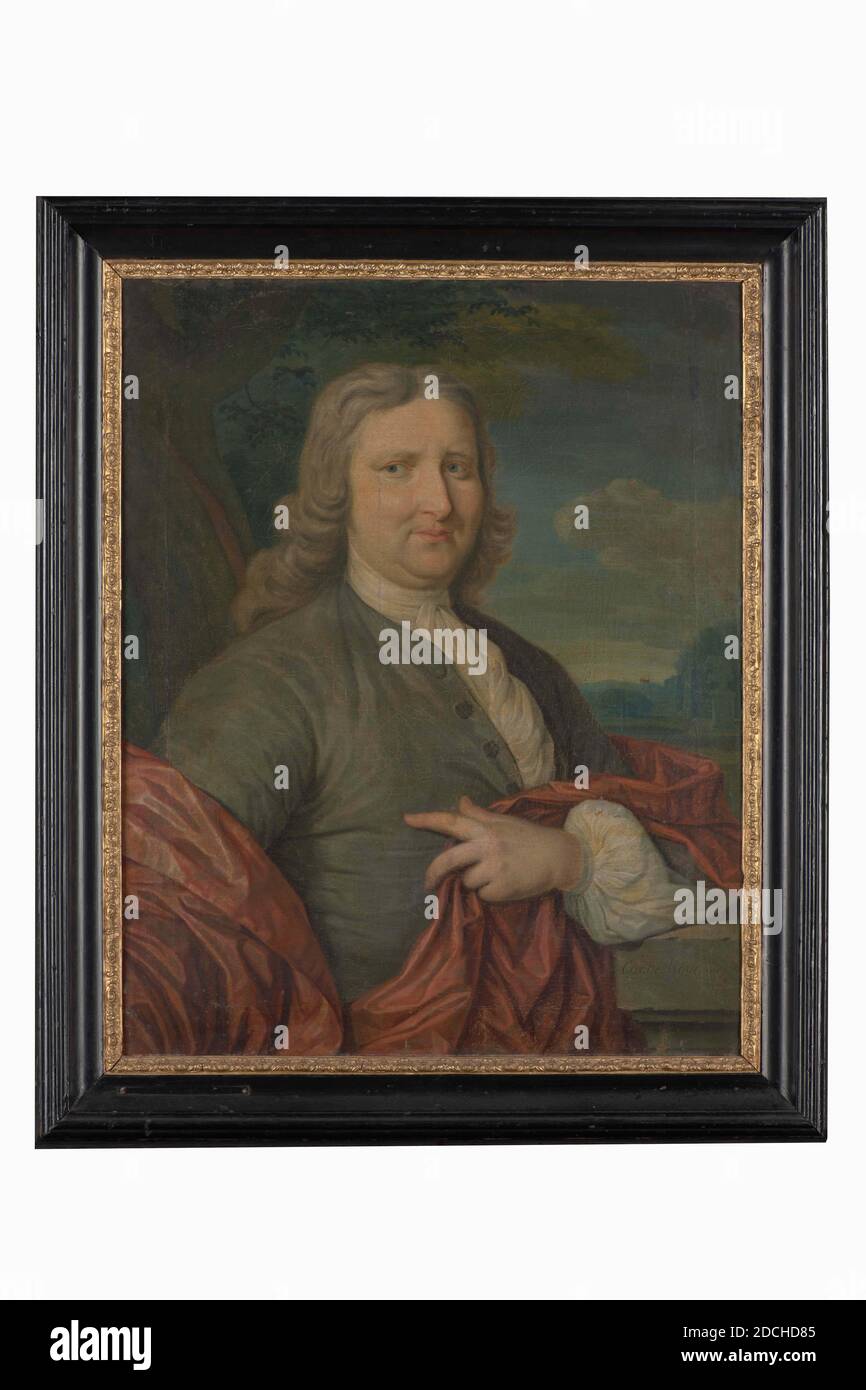 pintura, Johann Philippus Neeb, 1845, frente de firma, abajo a la izquierda: J.P. Neeb 1845, panel, pintura al óleo, pintado, portador: 27.4 × 24 × 1,4cm (274 × 240 × 14mm), con marco: 41.2 × 38.5 × 5cm (412 × 385 × 50mm), Retrato de un hombre desconocido. Es representado a media longitud, recto en frente y mirando al espectador. Lleva una falda negra con una camisa blanca y un cuello blanco. A la izquierda detrás de él, se puede ver una parte de la parte posterior de la silla en la que está sentado. También hay una cortina verde a la izquierda. Está representado sobre un fondo oscuro. Firmado abajo a la izquierda. La pintura está en negro Foto de stock