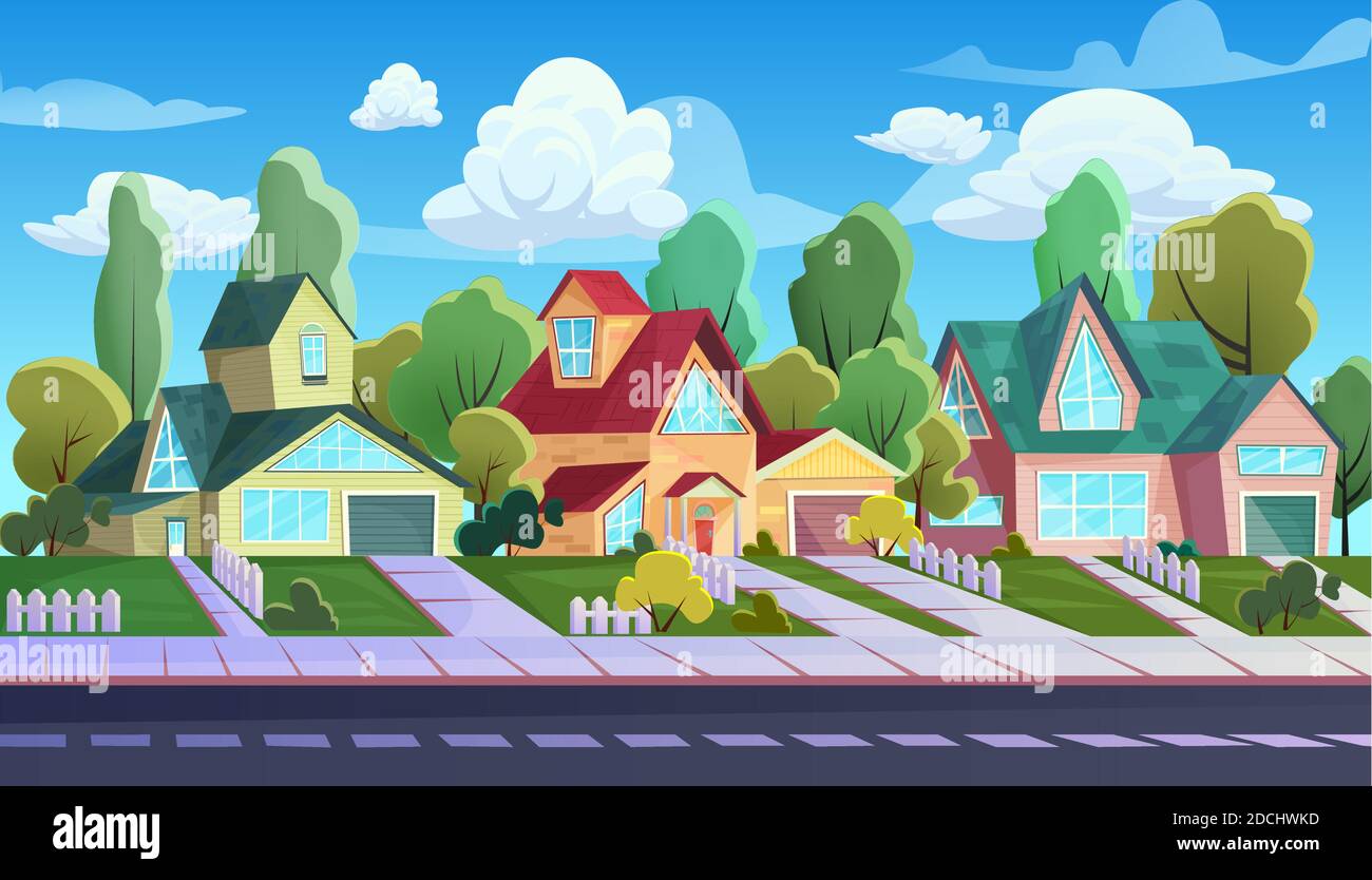 Casas en la calle de la ciudad de los suburbios ilustración vectorial. Paisaje  urbano de dibujos animados con el exterior cómico de casas de campo de la  familia, pueblo asfalto carretera y