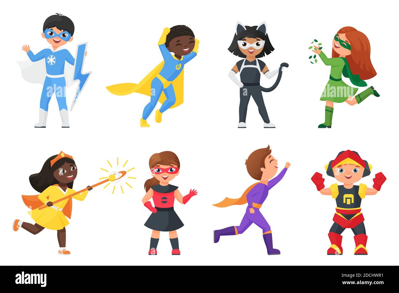 Super héroe niños vector ilustración conjunto. Colección de superhéroes de  niños de dibujos animados con un personaje de niña y niño vistoso disfraces  coloridos y máscaras para fiesta de carnaval aisladas en