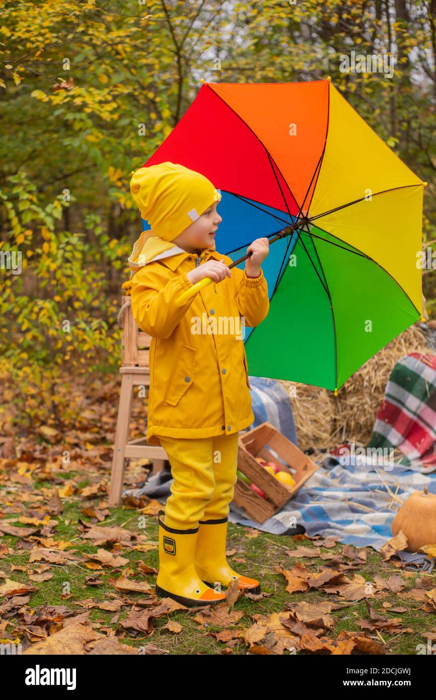 bonito niño de choler hermoso en un pantalón naranja, impermeable, sombrero,  botas de goma con un paraguas de color arco iris cerca zona de fotos de las  decoraciones de otoño Fotografía de