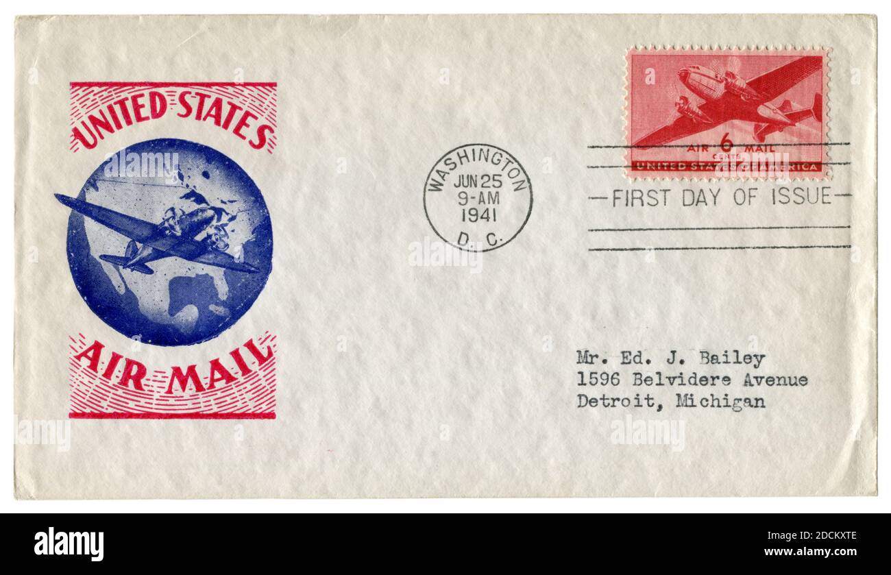 Washington D.C., EE.UU. - 25 de junio de 1941: Sobre histórico: Cubierta con correo aéreo de cachet de aviación, sello postal Douglas DC-3, seis centavos, primer día Foto de stock