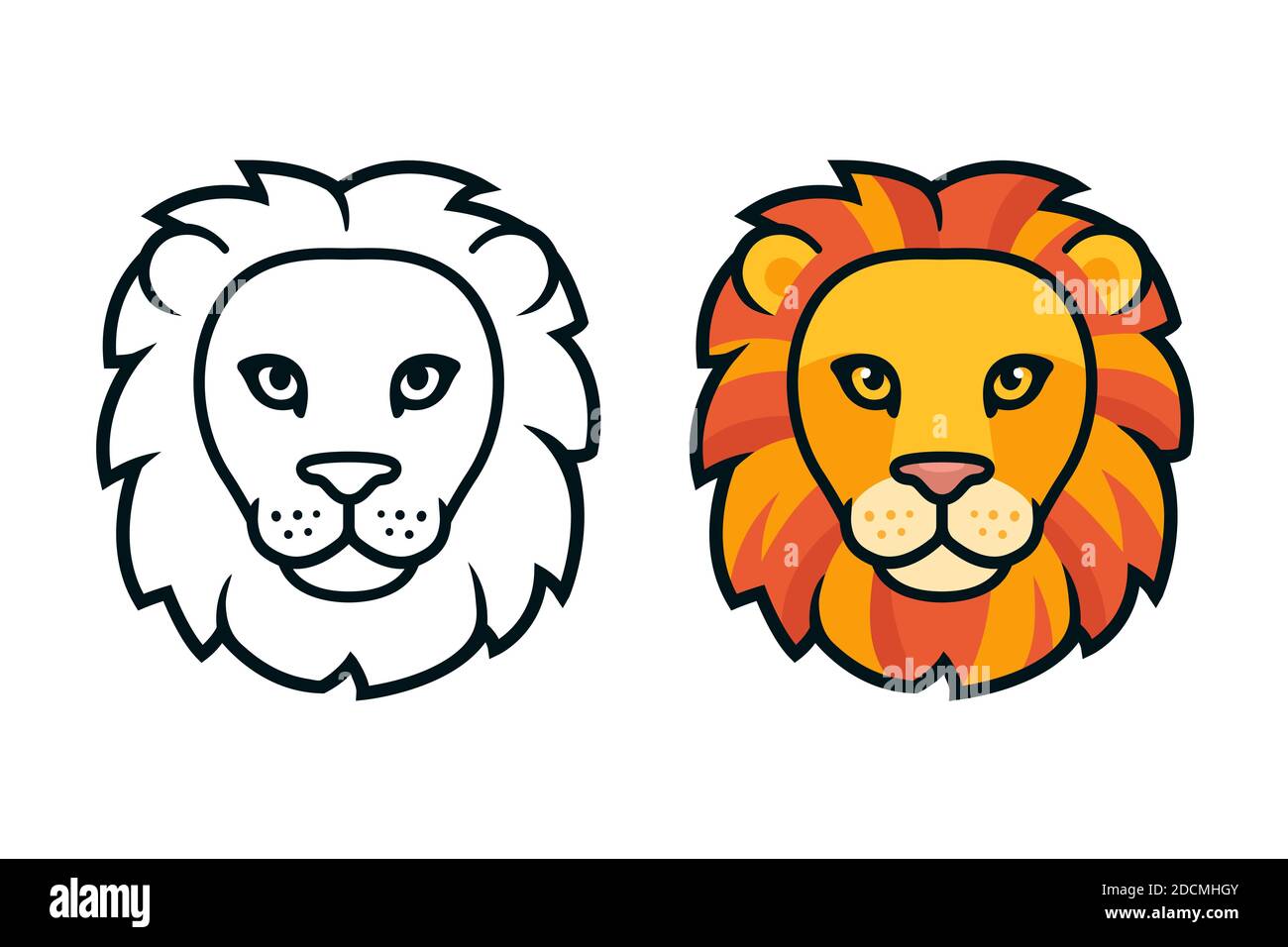 Cabeza de león de dibujos animados, color y blanco y negro. Vista frontal de la cara mascota, elemento de diseño del logotipo. Ilustración de clip vectorial aislado Imagen Vector de stock - Cabeza de león de dibujos animados, color y blanco y negro. Vista frontal de la cara mascota, elemento de diseño del logotipo. Ilustración de clip vectorial aislado Imagen Vector de stock -