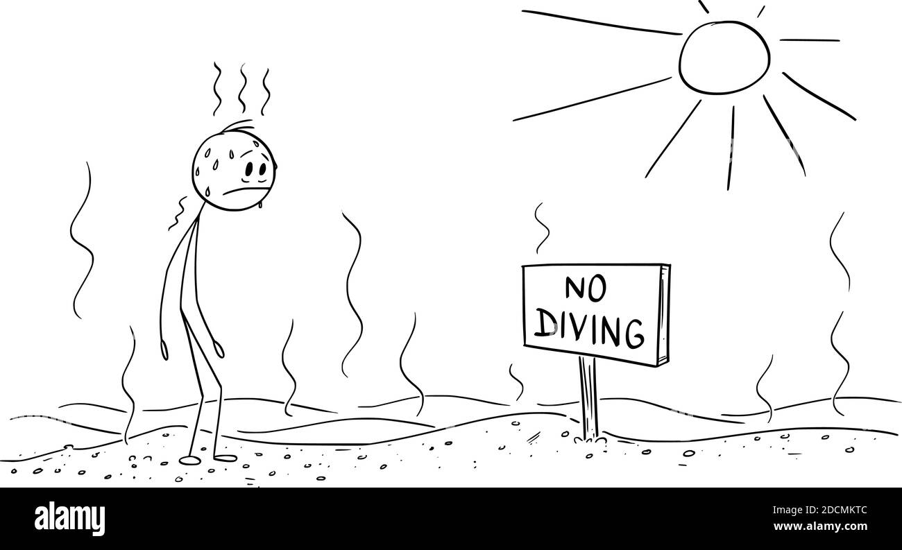 Vector Cartoon Stick figura ilustración de hombre agotado sediento de pie en el desierto caliente y no viendo ningún signo de buceo. Concepto ambiental del calentamiento global. Dibujos animados, humor, broma. Ilustración del Vector