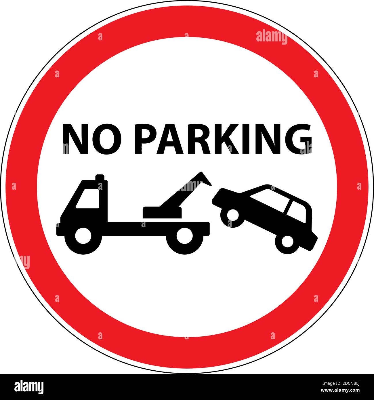No hay señal de advertencia de remolque de coche de estacionamiento con forma redonda y. marco rojo Ilustración del Vector