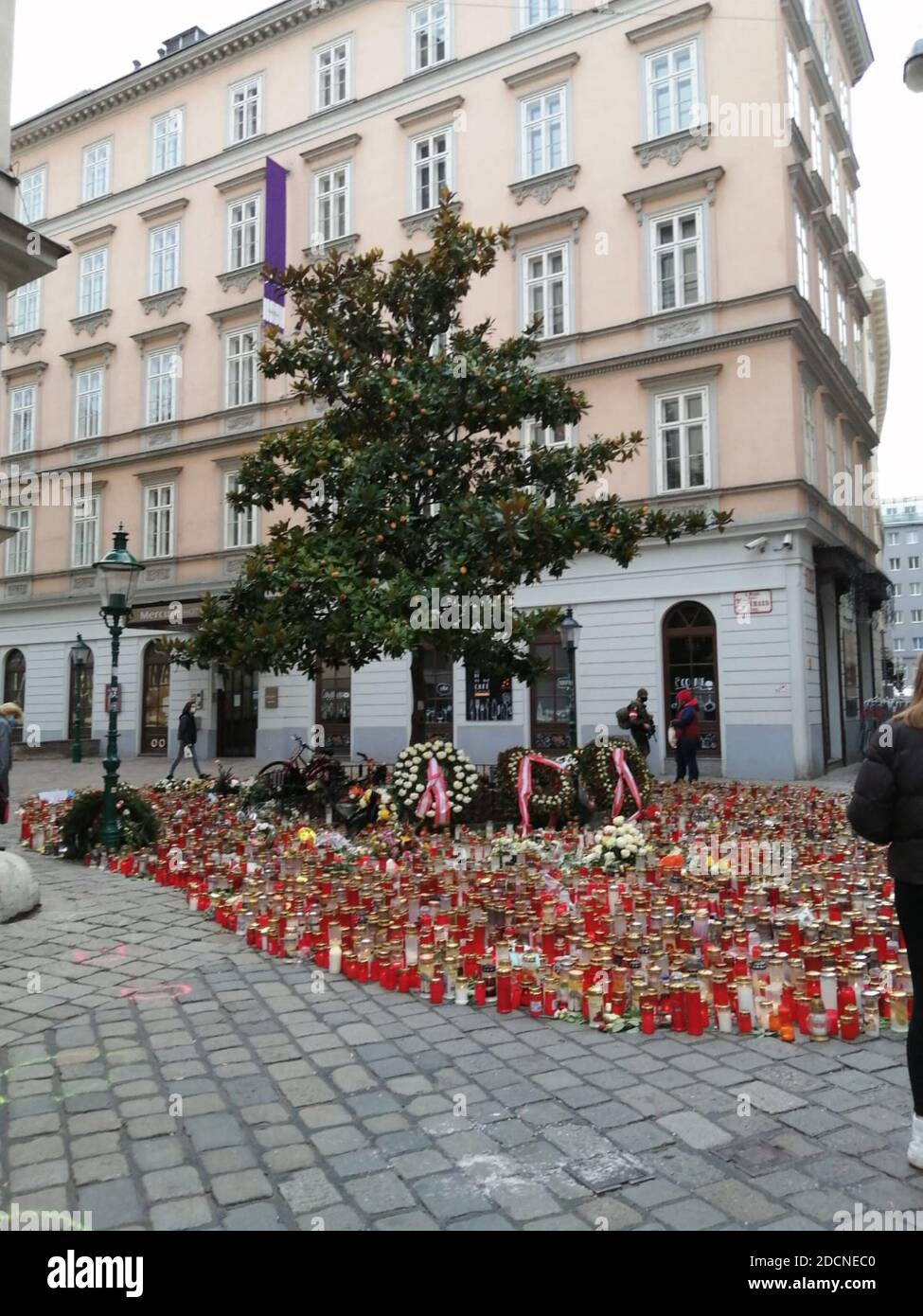 Viena, Austria-12 de noviembre de 2020: La gente trae flores y velas en homenaje a las víctimas en los sitios de los ataques terroristas en Viena el 02.11. Foto de stock