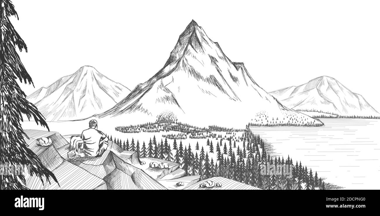 Dibujo de hombre con mochila en la parte superior de la mano de montaña  ilustración vectorial dibujada Imagen Vector de stock - Alamy