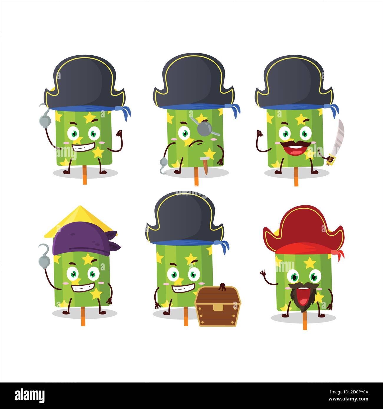 Personaje de dibujos animados de petardo verde con varios emoticones piratas. Ilustración vectorial Ilustración del Vector