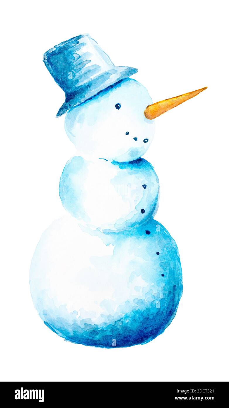 Muñeco de nieve de dibujos animados de acuarela con alegre sonrisa en estilo infantil aislado sobre fondo blanco. Ilustración pintada. Foto de stock