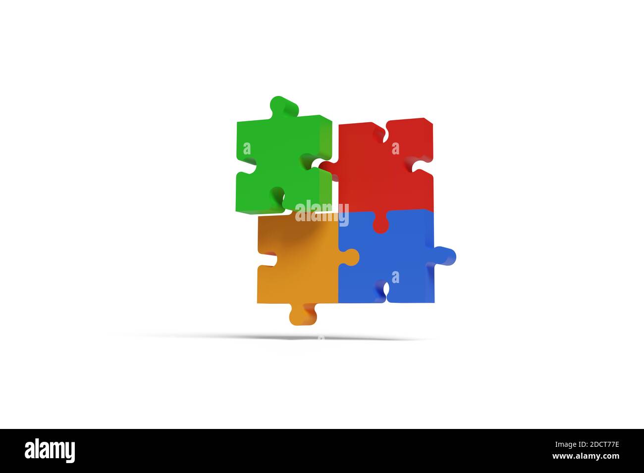 Cuatro piezas de rompecabezas, rojo, azul, verde y naranja, que se unen en tres  dimensiones. Concepto de trabajo en equipo. ilustración 3d Fotografía de  stock - Alamy