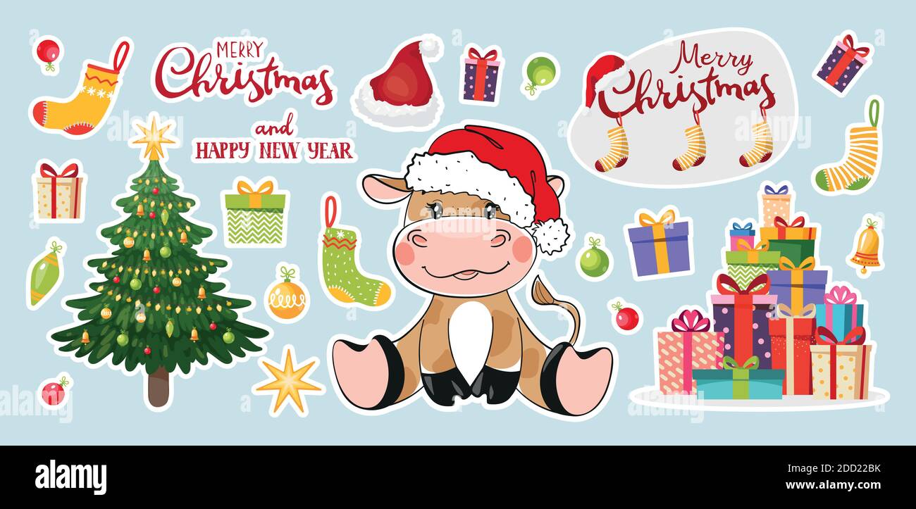 Juego de pegatinas para Navidad y año nuevo 2021, año del toro. Árbol de  Navidad decorado, regalos, toro. Diseño de dibujos animados divertidos.  Ilustración vectorial para las vacaciones Imagen Vector de stock -