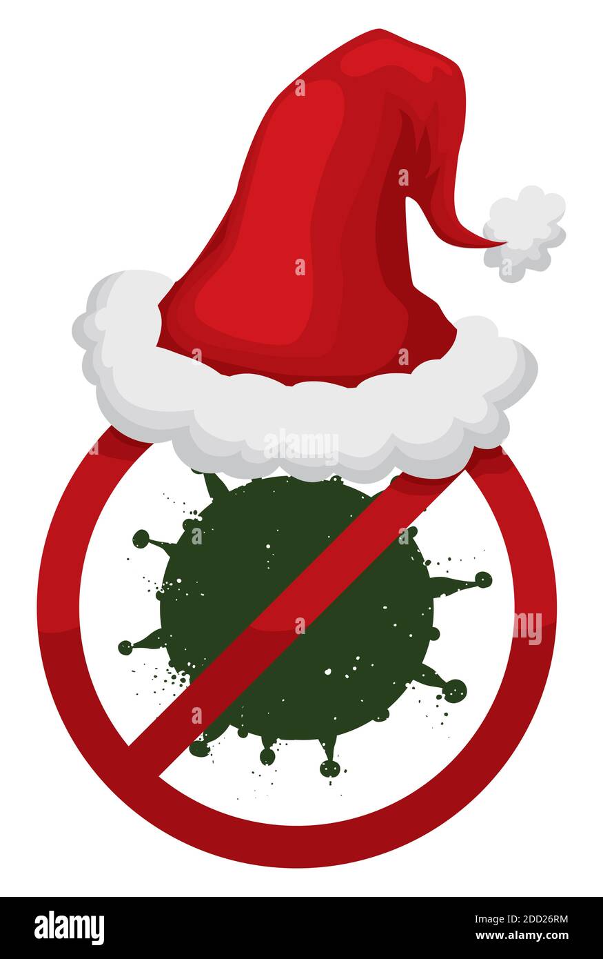 Prohibición de la señal de llevar un sombrero de Santa, que representa las medidas de seguridad debido a la pandemia COVID-19 durante la temporada de Navidad. Ilustración del Vector