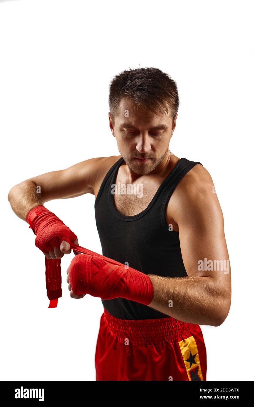 entrenamiento de boxeo, vendas atadas en las manos Stock-foto