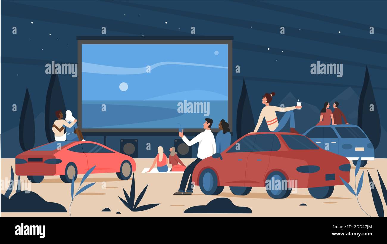 Personas al aire libre cine cine cine teatro vector ilustración. Coches