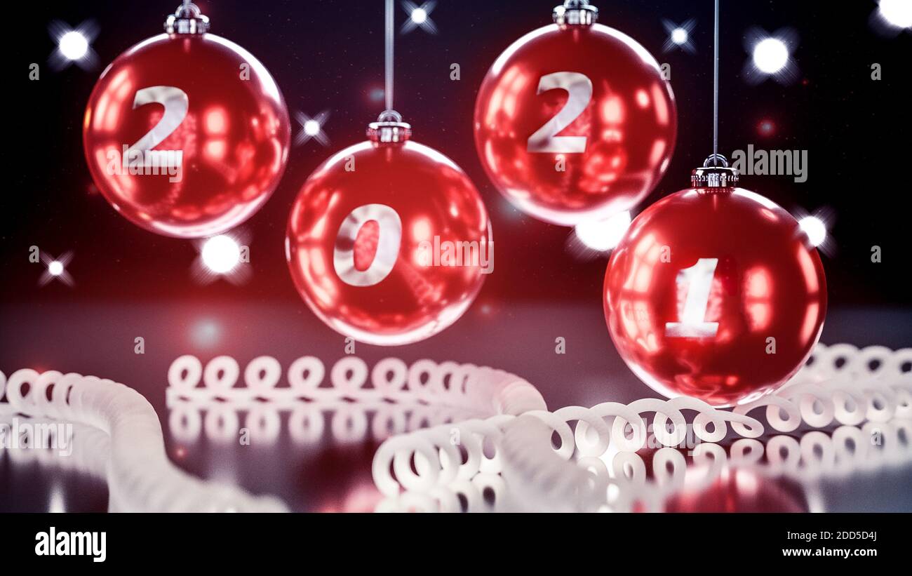 De cerca, bolas de Navidad con números 2021.fondo de bokeh negro con  estrellas brillantes. Feliz año nuevo, 2021. Renderizado en 3D Fotografía  de stock - Alamy