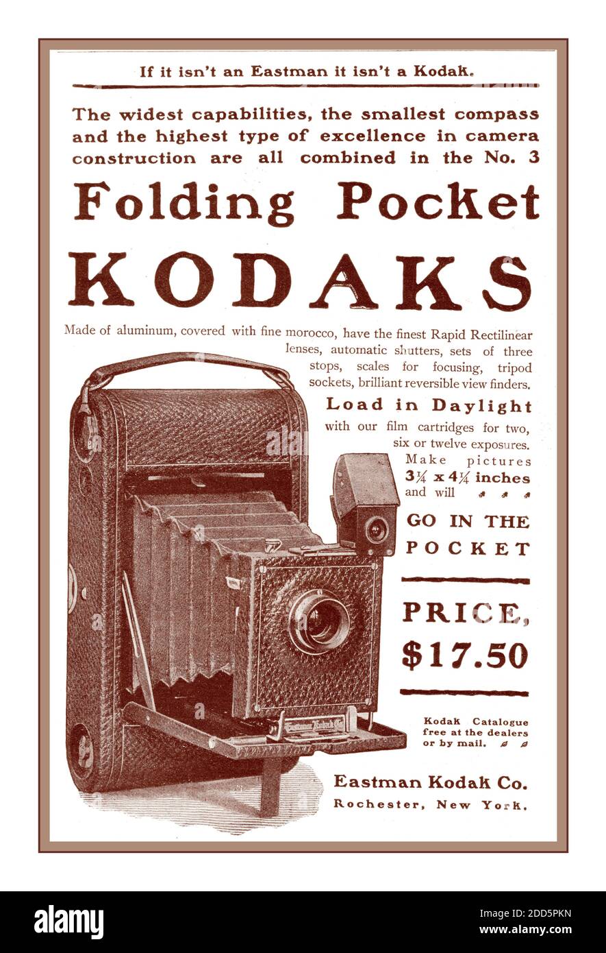 KODAK 1900 Vintage sepia anuncio de prensa para una plegable de bolsillo nº 3 'Kodaks' en $17,50 de Eastman Kodak Rochester NY ESTADOS UNIDOS Foto de stock