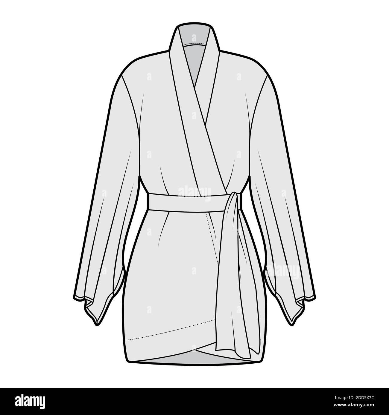 Ropa de kimono ilustración técnica de moda con mangas largas y anchas,  cinturón para cinch la cintura, por encima de la rodilla. Ropa plana blusa  plantilla frontal, color gris. Mujer hombres unisex