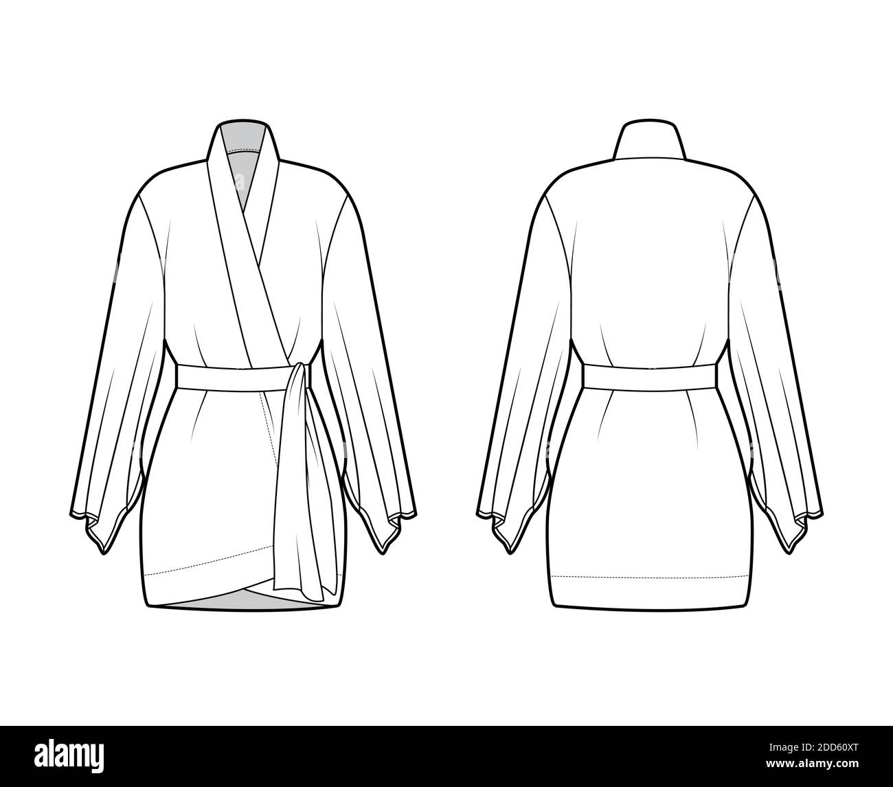 Ropa de kimono ilustración técnica de moda con mangas largas y anchas,  cinturón para cinch la cintura, por encima de la rodilla. Ropa plana blusa  plantilla frontal, espalda color blanco. Mujer unisex