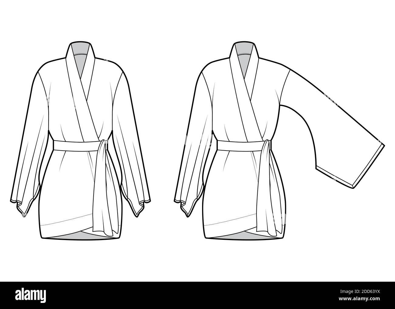 Juego de Kimono traje técnico ilustración de moda con mangas largas y  anchas, cinturón para cinch la cintura, por encima de la rodilla. Plantilla  de blusa plana frontal, color blanco. Mujer hombres