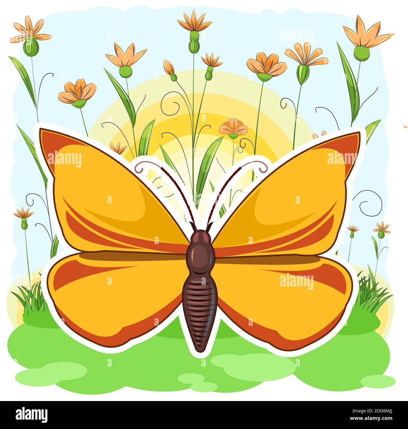 Mariposa amarilla en el fondo de un prado de verano en flor. Hierba ...
