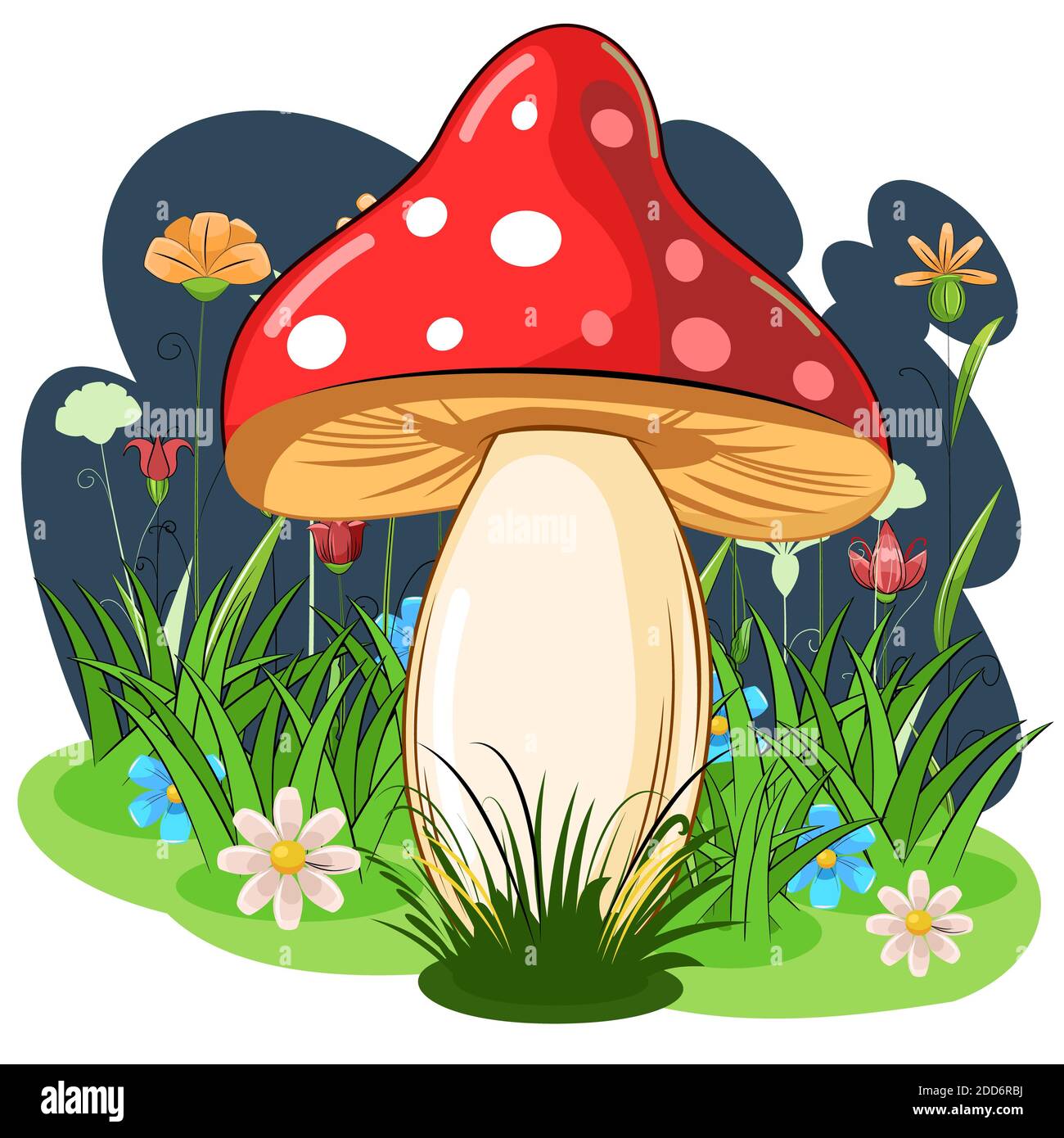 Amanita volar agárico en el fondo de un prado de flores nocturnas. Dibujos animados de estilo plano. Landskape Flores silvestres y hierba. Aislado sobre blanco. Hermoso Foto de stock