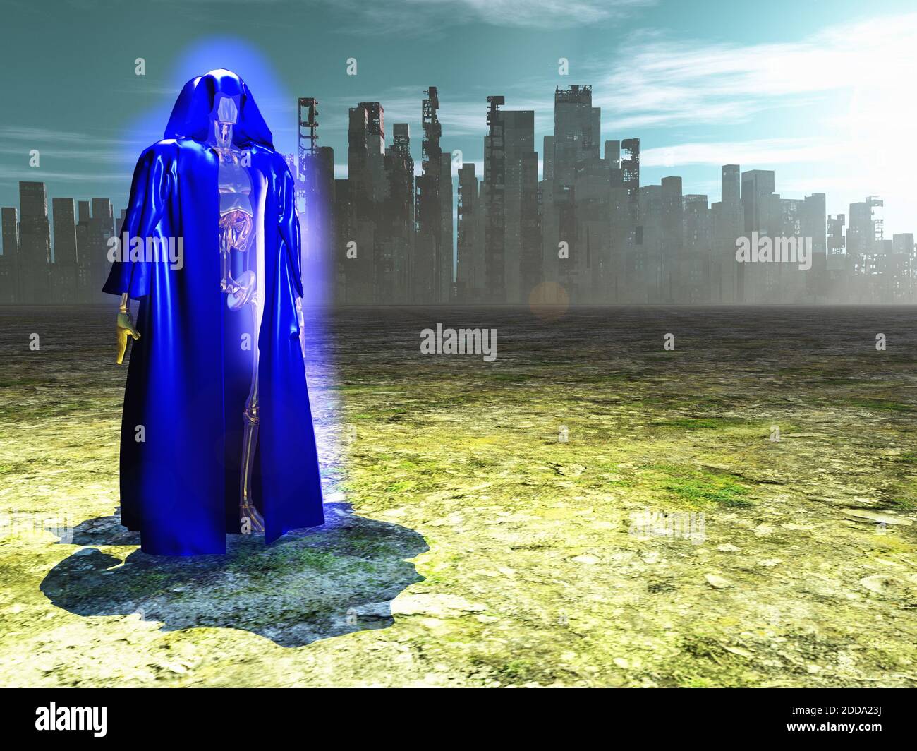 Robot Monk antes de la ciudad destruida. Renderizado en 3D Fotografía de  stock - Alamy